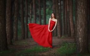 girl, red dress, trees