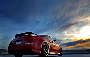 cars, red, sunset, Nissan