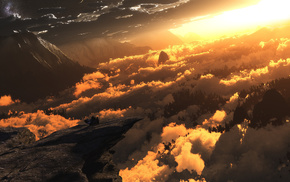 clouds, light, mountain, 3D