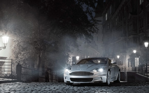 cars, lights, night, Aston Martin, mist