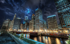 lights, cities, Chicago, water, city