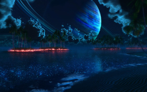 3D, night, planet, palm trees