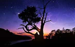 tree, planets, river, people, sunset
