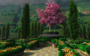 greenery, flowers, trees, 3D