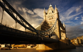 photo, bridge, clouds, river, sky