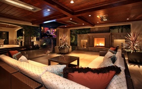 tree, lights, fireplace, couch, interior