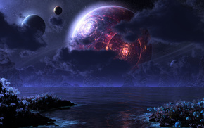 planets, sea, moon, 3D, night
