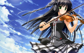 anime, violin, sky, girl, headphones