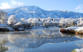 mountain, bridge, winter, river, nature