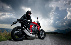 cars, road, clouds, motorcycle, sky