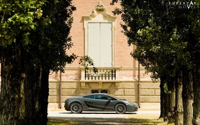 building, trees, cars