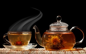 delicious, cup, tea, flower, black background