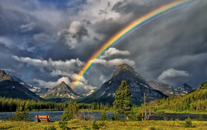 forest, mountain, sky, river, rainbow