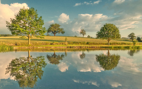 sky, nature, river, trees, reflection