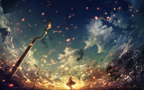 sunset, embers, Vocaloid, clouds, Hatsune Miku, anime