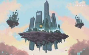 skyscraper, floating island, Porter Robinson, digital art, pixel art, drawing