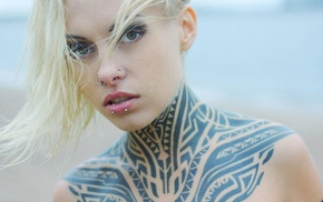 piercing, blonde, girl, tattoo, Teya Salat, green eyes
