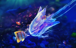 digital art, sea, fantasy art, underwater, fish, bubbles