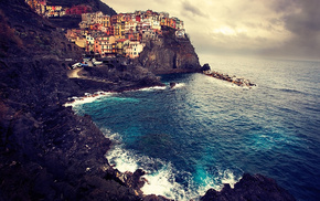 landscape, rocks, cities, sea, Italy
