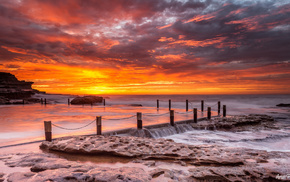 nature, sky, pier, sunset, stones