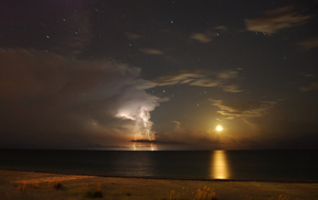 nature, sea, lightning, stars