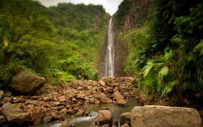 stones, river, waterfall, jungle, nature