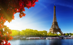 river, cities, Eiffel Tower, leaves, autumn