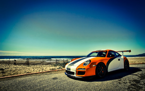 cars, orange, sea, Porsche, sky