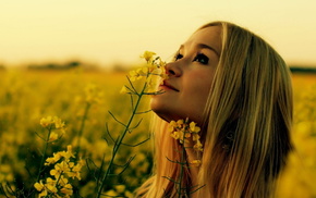 field, Sun, flowers, girl, girls