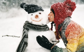 snow, snowman, girl, winter