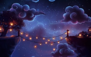 clouds, bridge, tree, art, night