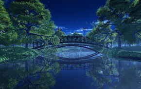 night, bridge, trees, river, 3D