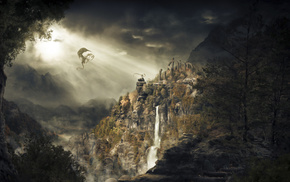 waterfall, dragon, video games, mountain