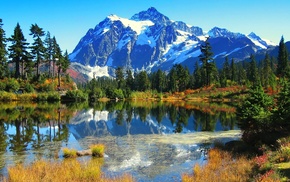 nature, trees, lake, mountain