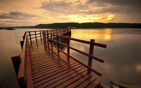 nature, landscape, bridge, lake, sunset