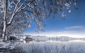 lake, landscape, winter