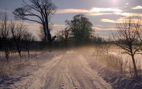 sunset, winter, road