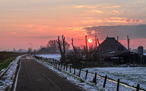 road, house, sunset, winter