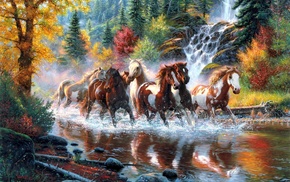 horses, autumn, animals, waterfall, river