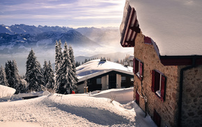 mountain, winter, houses