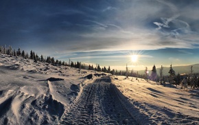 road, snow, Sun, winter, field