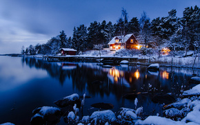 house, water, winter, forest, trees