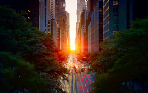 sunset, city, Sun, cities, road