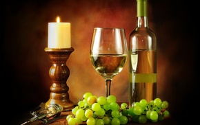 wine, grapes, bottle, wineglass, candle
