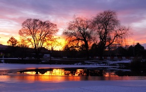 nature, sunset, ice, winter