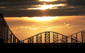 silhouette, sunlight, UK, rollercoasters