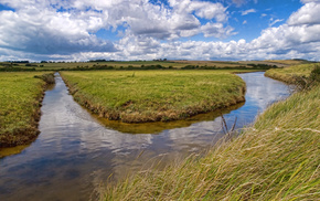 grass, river, nature, clouds, water