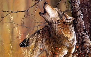 tree, wolf, art, animals