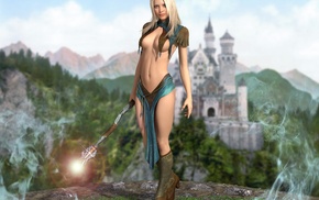 girl, 3D, castle, magic, mountain