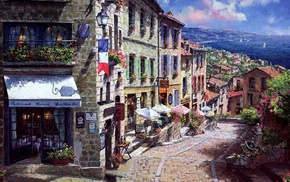 street, France, painting, town, sea